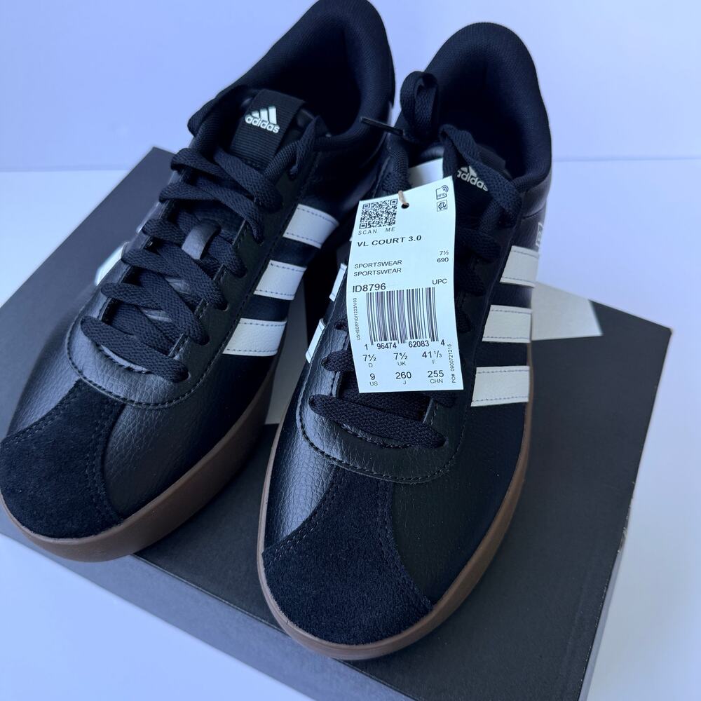 Adidas VL Court 3.0 ID8796 Black White Gum Women's 9 / UK 7.5 Skate NWT